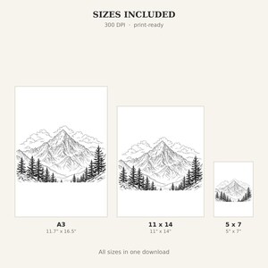 Mountain Coloring Book Coloring Page, Chinoiserie Gallery Art, Gallery Wall Set, Digital Print, Ink Wash Painting image 4