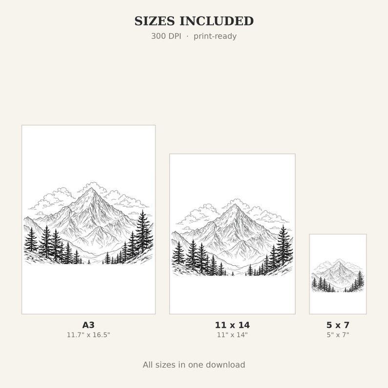 Mountain Coloring Book Coloring Page, Chinoiserie Gallery Art, Gallery Wall Set, Digital Print, Ink Wash Painting image 4