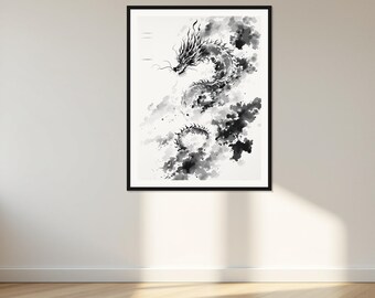 May include: A framed wall art print featuring a black and white ink wash illustration of a long, serpentine dragon. The dragon is depicted with flowing, wispy details, surrounded by abstract, dark ink splatters and clouds on a white background.