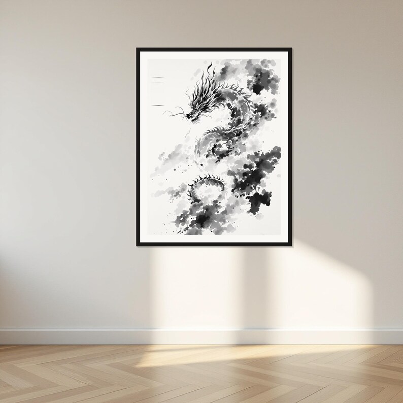 Impressão artística de dragão, impressão oriental, arte para sala de jantar, impressão de pintura a tinta, impressão de pintura a tinta chinesa imagem 1