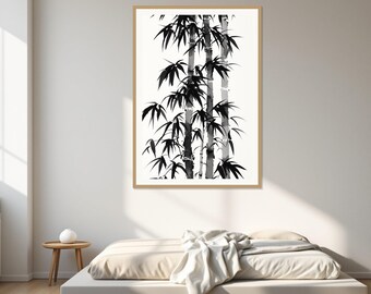 May include: A framed wall art print featuring a black and white ink wash style illustration of bamboo stalks with detailed leaves. The artwork is displayed in a light wood frame and depicts vertical bamboo stems with varying shades of black ink.