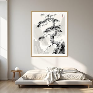 Pine Tree Ink Painting, Chinoiserie Interior Art, Dining Room Art, Digital Print, Chinese Ink Painting Print image 1