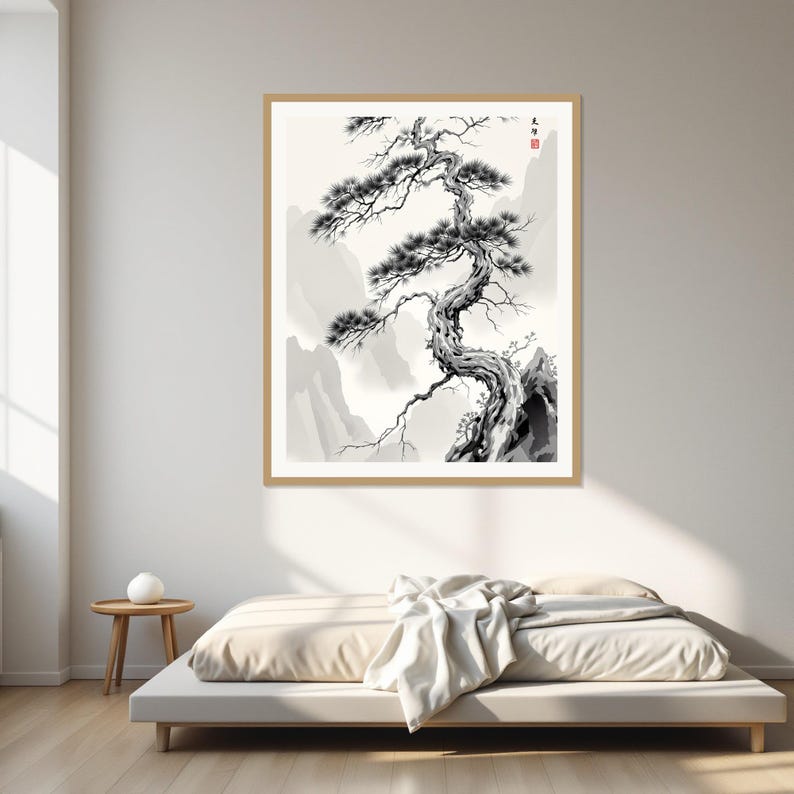 Pine Tree Ink Painting, Chinoiserie Interior Art, Dining Room Art, Digital Print, Chinese Ink Painting Print image 1