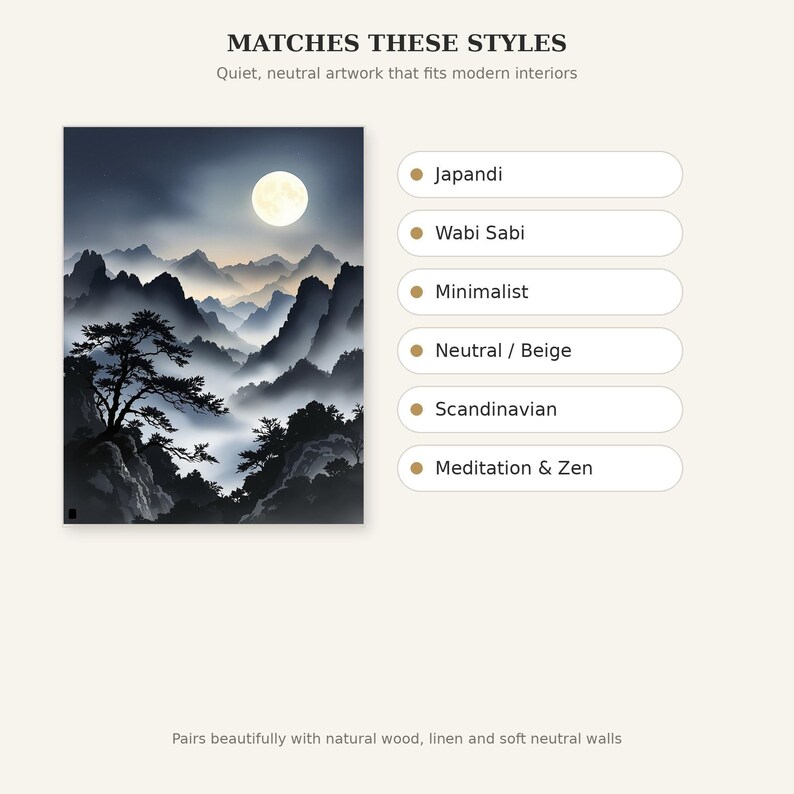 Moon Landscape Asian Wall Art Set of 3, Zen Decor, Gallery Wall Set, Printable Download, Ink Wash Painting, Chinese Ink Painting Print image 1