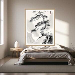 Poster mit Kiefernmotiv, Japandi-Wandkunst, Esszimmerkunst, Tuschemalerei-Druck, Chinesische Tuschemalerei-Druck Bild 1