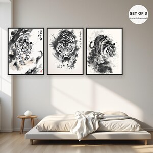 Tiger Asian Wall Art Set of 3, Oriental Decor, Living Room Art, Printable Download, Ink Wash Painting, Chinese Ink Painting Print image 1