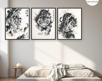 Asiatisk väggkonst med tigermotiv, set med 3, orientalisk inredning, vardagsrumskonst, utskrivbar nedladdning, bläcktvättad målning, kinesisk bläckmålningstryck