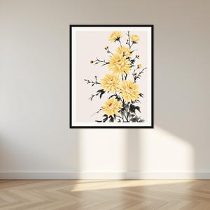 Chrysanthemum Wall Decor, Minimalist Gallery Art, Bedroom Wall Art, Fine Art Print, Ink Wash Painting Pri image 1