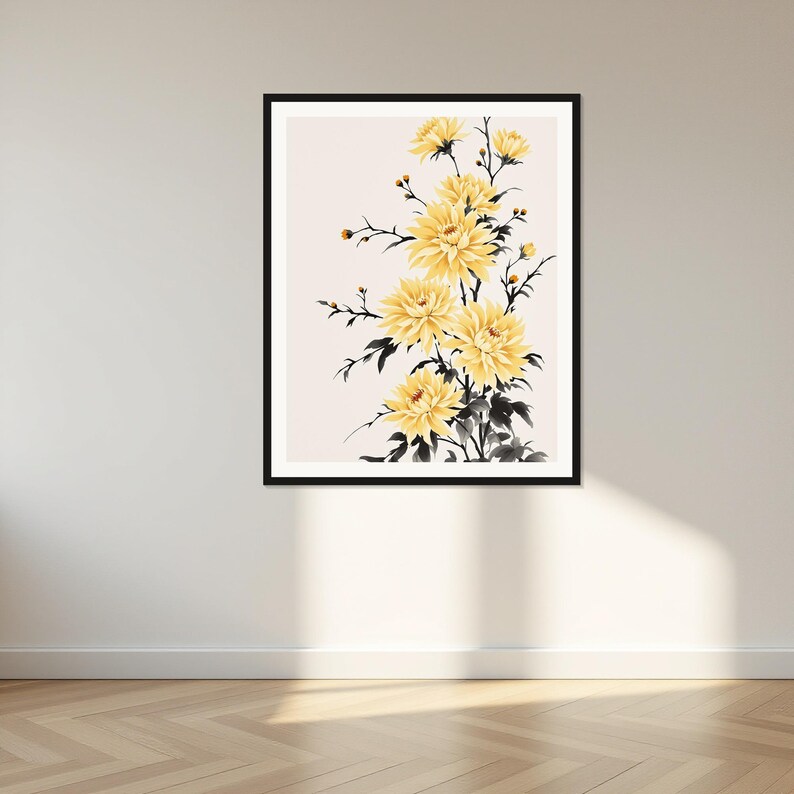 Chrysanthemum Wall Decor, Minimalist Gallery Art, Bedroom Wall Art, Fine Art Print, Ink Wash Painting Pri image 1