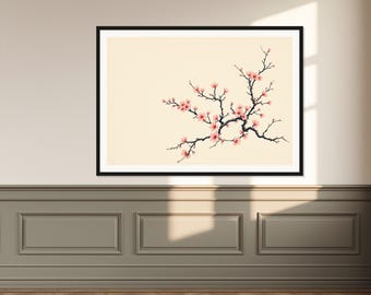 May include: A framed wall art print featuring a horizontal illustration of a dark brown tree branch with delicate light pink cherry blossoms. The artwork is set against a solid cream-coloured background and enclosed in a thin black frame.