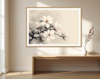 Peut inclure: Une impression d'art murale encadrée présentant une illustration horizontale de fleurs de magnolia blanches sur des branches sombres et fines. Les fleurs ont des pétales doux et superposés avec des centres rosés sur un fond beige clair.