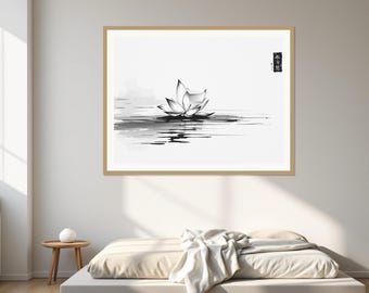 May include: A framed wall art print featuring a black and white ink wash style illustration of a single lotus flower floating on water. The artwork includes a small black rectangular stamp with Japanese characters in the upper right corner.