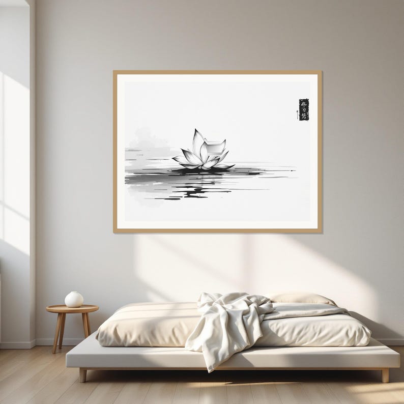 Lotus muurdecoratie, Chinoiserie decoratie, decoratie boven het bed, inktkunstprint, Chinese inkttekeningprint afbeelding 1