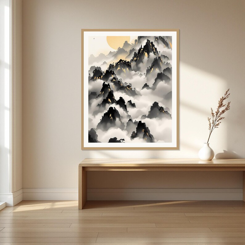 Cloud Sea Wall Art, Oriental Print, Meditation Decor, Ink Painting Print, Chinese Ink Painting Print image 1