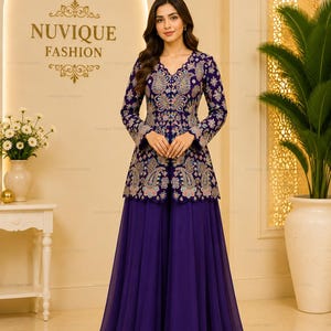 Paisley Embroidered Kurta Set, Indian Ethnic Wear, Women's Palazzo Festive Outfit
