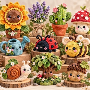 Könnte beinhalten: Eine Sammlung von zehn gehäkelten Figuren, darunter eine Sonnenblume, Lavendel, ein Kaktus, ein Pilz, eine Gießkanne, ein Marienkäfer, eine Biene, eine Schnecke, ein Baum und eine Eichel. Jedes Teil hat ein lächelndes Gesicht aus buntem Garn.