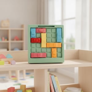 Peut inclure: Un plateau de jeu de taquin en plastique vert sauge doté d'une grille avec des pièces en forme de voitures de différentes couleurs : rouge, bleu, jaune et orange. Le plateau présente un cadre rectangulaire avec une fente en haut et des cases vides.
