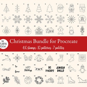 Procreate Weihnachts-Bundle • Procreate Weihnachtsstempel, Musterpinsel und Farbpaletten • Weihnachtsbäume, Schneeflocken, Weihnachtsmann, Schneemänner