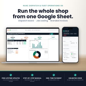 May include: A laptop and smartphone displaying an HVAC dispatch and fleet operations dashboard. The screen shows financial data, job costing, and a technician leaderboard. Text includes "Run the whole shop from one Google Sheet" and "HVAC OS".