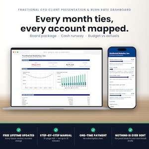 May include: A digital dashboard display for Northwind Robotics, Inc. featuring a laptop screen showing financial data, charts, and tables, alongside a smartphone screen displaying growth metrics, churn rates, and cost analysis in a professional layout.