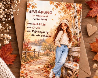 May include: A rectangular birthday invitation card featuring an illustration of a person with long wavy hair wearing a knit beanie, a beige long-sleeve shirt, and blue jeans leaning against a wooden bench in an autumn forest with falling leaves.