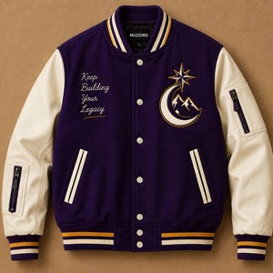 May include: A purple varsity jacket with cream-coloured sleeves, featuring a white embroidered crescent moon, star, and mountain graphic on the chest. The text "Keep Building Your Legacy" is embroidered in white. It has a snap-button front and zippered pockets.