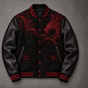 May include: A black varsity jacket with long leather sleeves, a red striped ribbed collar, cuffs, and hem. The front features a red dragon graphic, red snap buttons, and the embroidered text Dragon Spirit and Crimson Flame on the lower chest.