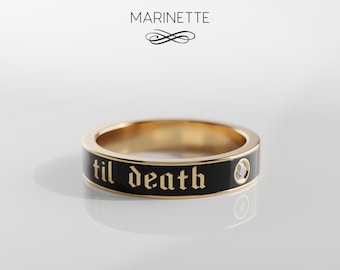 Til Death Do Us Part Enamel Wedding Band - solid 14K gold - black enamel - diamonds