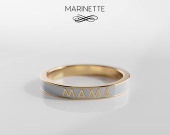 MAMA Enamel Band Ring - solid 14K gold and white enamel