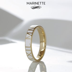 Personalized Enamel Text band ring - solid 14K gold and white enamel