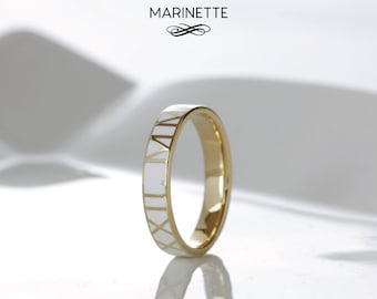 Personalized Enamel Text band ring - solid 14K gold and white enamel