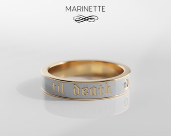 Til Death Do Us Part White Enamel Wedding Band - solid 14K gold - White diamonds - Promise ring