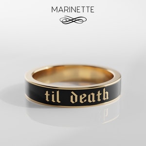 Til Death Enamel Text band ring - solid 14K gold and black enamel