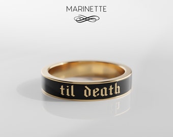 Til Death Enamel Text band ring - solid 14K gold and black enamel