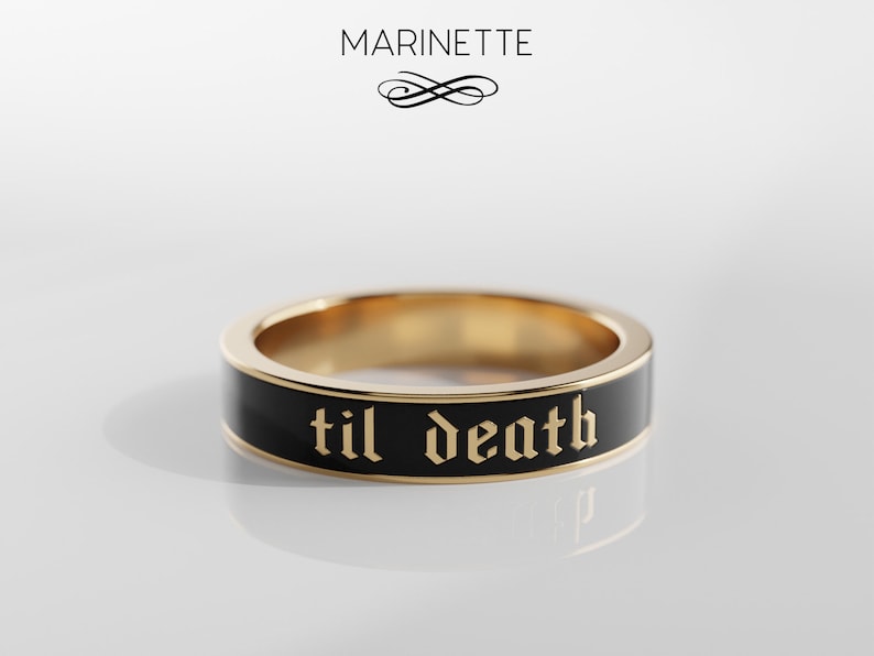 Til Death Enamel Text band ring solid 14K gold and black enamel image 1