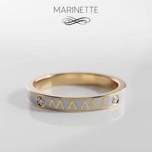 Anello MAMA in smalto con diamanti - oro massiccio 14K - smalto bianco - diamanti bianchi