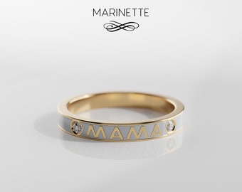 MAMA Enamel Ring with Diamonds- solid 14K gold - white enamel - white diamonds