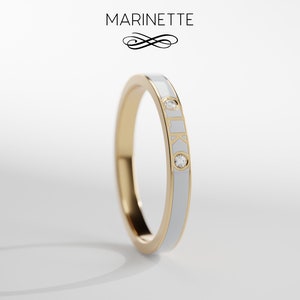 Anel fino de 2 letras com texto em esmalte branco e 2 diamantes - Ouro sólido 14K - Diamantes - Anel de promessa