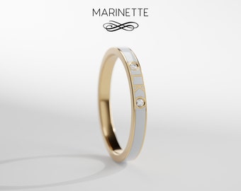 Thin 2-letter White Enamel Text Band Ring with 2 Diamonds - Solid 14K Gold - Diamonds- Promise ring