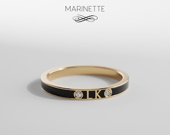 Thin 2-letter Black Enamel Text Band Ring with 2 Diamonds - Solid 14K Gold Diamond Promise ring