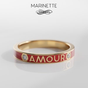 Love Ring with Diamonds - solid 14K gold - red enamel - white diamonds