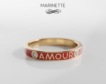 Love Ring with Diamonds - solid 14K gold - red enamel - white diamonds