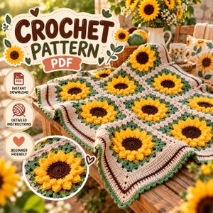 May include: A crochet pattern PDF featuring a sunflower blanket design. The blanket is composed of square motifs with yellow and brown sunflower centers surrounded by green and cream borders. Text includes CROCHET PATTERN PDF, INSTANT DOWNLOAD, DETAILED INSTRUCTIONS, and BEGINNER FRIENDLY.