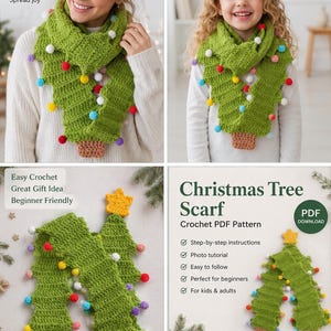 May include: A green crochet scarf shaped like a Christmas tree with a brown trunk base and a yellow star at the top. The scarf is decorated with small, colourful pom-poms in red, blue, yellow, and white, mimicking ornaments on a tree.