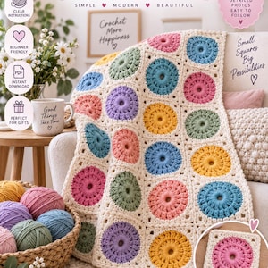 Peut inclure: Un document de modèle de crochet numérique intitulé Step-by-Step Crochet Pattern Circle Granny Square, comprenant un guide de 8 pages avec photos. La couverture montre une couverture crème faite de carrés granny circulaires multicolores.