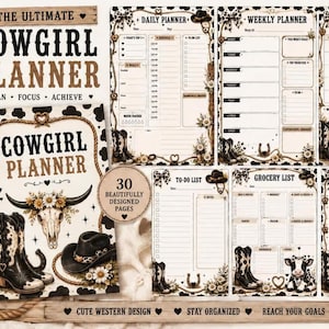 Può includere: Un set di planner Cowgirl stampabile da 30 pagine con grafiche a tema western che includono stampe muccate, stivali da cowboy, cappelli, teschi di mucca e fiori. Il planner include layout giornalieri, settimanali, mensili e liste della spesa.