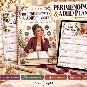 Planer ADHD dla kobiet w okresie okołomenopauzalnym, śledzenie objawów menopauzy, dziennik mgły mózgowej i uderzeń gorąca, plik PDF do druku