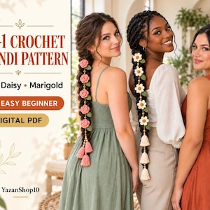 Peut inclure: Un modèle de parandi au crochet 3-en-1 en format PDF numérique avec des motifs de rose, marguerite et souci. Le texte indique 3-IN-1 CROCHET PARANDI PATTERN, Rose, Daisy, Marigold, VERY EASY BEGINNER, DIGITAL PDF et YazanShop10. Trois accessoires.