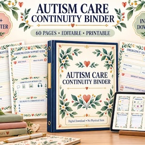 Peut inclure: Un classeur de suivi de soins pour l'autisme avec 60 pages modifiables et imprimables. L'ensemble comprend une couverture, des fiches de rythme quotidien, des guides de communication et des fiches d'urgence, ornés de motifs floraux et cœurs.