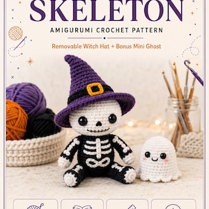 Peut inclure: Un document de modèle de crochet numérique intitulé CUTE HALLOWEEN SKELETON présentant un amigurumi squelette noir et blanc portant un chapeau de sorcière violet, un petit fantôme blanc et une taille finie d'environ 25 cm.